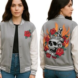 Birch & Stone varsity letterman style jacket gray white‎ medium pockets lined